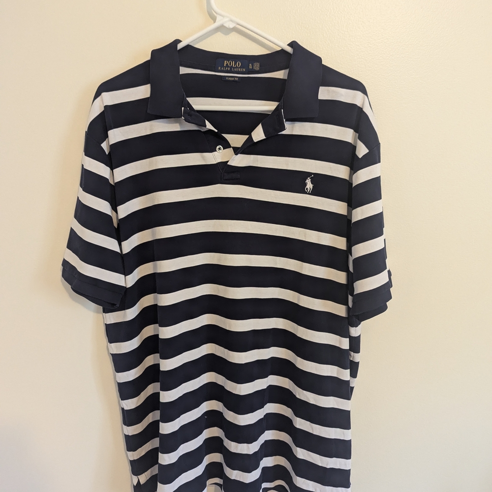 EUC Polo by Ralph Lauren men's Polo Shirt Navy Blue White Stripe Golf Size XL